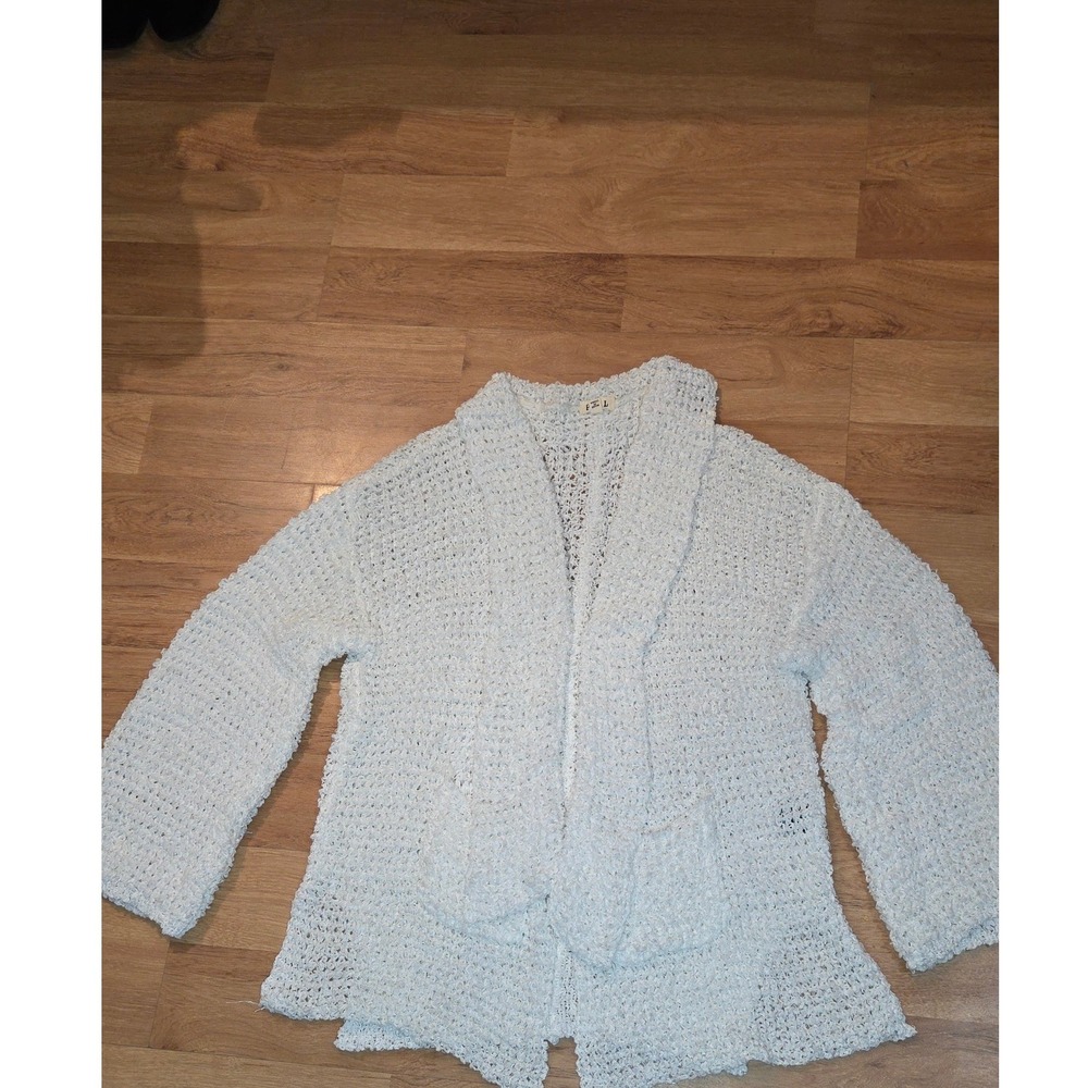 POL White Open Knit Cardigan Sweater Womens Small Boho Crochet Shawl Collar